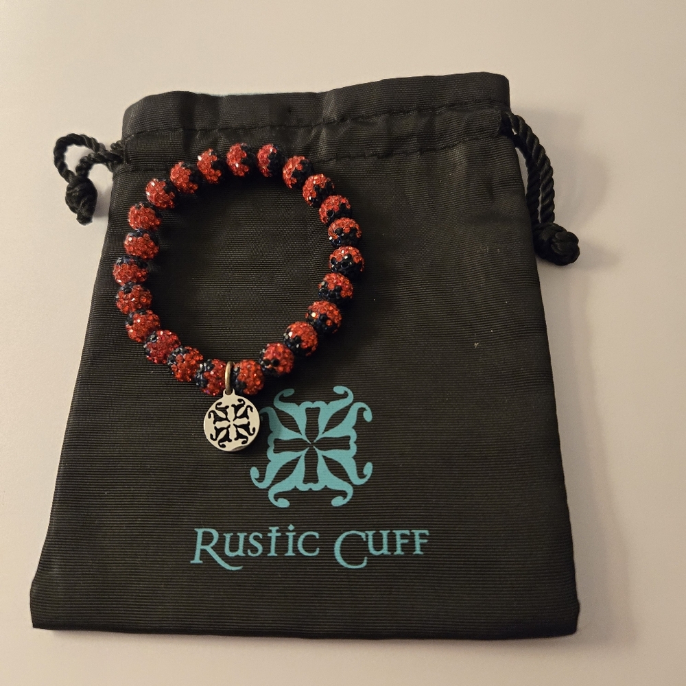 Rustic Cuff Stretch Bracelet Red Sparkly Black Tipped Beads Silver Tone Charm